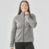 A women's full zip fleece jacket in grey, featuring a high collar and a fitted design. It has a logo on it.
