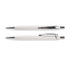 A pair of white soft-touch pens with chrome accents, featuring a logo on their body.