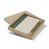 A green and cream notebook with a matching pen inside a cardboard gift box. The set is neatly arranged and closed.