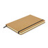A brown cork notebook with a black elastic band, featuring a cream-coloured inner page.
