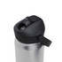 A drink bottle in stainless steel with a black lid and flip straw, featuring a logo on the side.