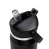 A drink bottle in black, featuring a flip straw lid and a shiny silver band, with a logo on the side.