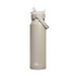 A drink bottle in light beige with a flip straw and a carry handle, featuring a logo.