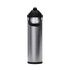 A drink bottle with a shiny silver stainless steel body and a black flip straw lid. It features a built-in handle.