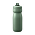 A drink bottle in a muted green shade, featuring a streamlined design and a cap with a nozzle. It has a logo.