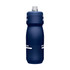 A drink bottle with a navy body and a flip top, featuring a logo and a dotted design.