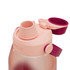 A drink bottle in light pink with a twist-off lid and a built-in straw, featuring a logo on the side.