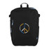 A black travel backpack featuring a circular design with various words and an emblem, along with a logo.