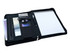 A black leather zip portfolio featuring compartments for documents, a notepad, tech accessories, and a pen.