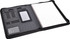 A black A4 zip portfolio with organised pockets for cards and a lined notebook. Includes a clear pocket and elastic straps.