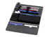 A black remote work A4 portfolio featuring pens, a USB cable, earphones, and pockets for notes and cards.