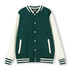 A green and cream Men's Varsity Jacket with a button-up front and striped cuffs. It features pockets and a logo.