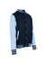 A men's varsity jacket in navy and light blue, featuring a logo and striped cuffs.
