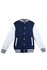 A navy blue varsity jacket with white sleeves and striped detailing on the cuffs and hem. It includes a logo.