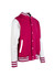 A pink and white men's varsity jacket featuring a button-up front and striped cuffs. It has a logo on the chest.