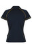 A navy polo shirt with yellow piping and a logo on the back. It features a classic collar and short sleeves.