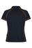 A navy polo shirt with orange piping, featuring a branding logo.