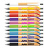 A collection of bamboo pens in various colors, featuring white, yellow, purple, green, and blue grips. Each pen has a logo.