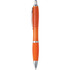 An orange plastic pen with a silver clip and detailing, featuring a smooth grip and a logo.