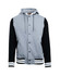 A Men's varsity jacket in grey with black sleeves and striped accents, featuring a hood and snap buttons.