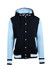 A navy and light blue men's varsity jacket with a hood and buttons, featuring ribbed cuffs and a logo.