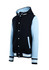 Men's varsity jacket in black and light blue, featuring a hood, buttons, and a logo.