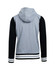 A grey and black men's varsity jacket with a hood, featuring striped cuffs and a logo.