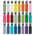 A drink bottle collection featuring various colours, including white, yellow, green, pink, and blue, with a logo on each.