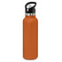 A drink bottle in a vibrant orange powder-coated finish, featuring a black cap with a handle.