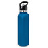 A drink bottle with a sleek, powder-coated blue finish, featuring a black plastic cap and a convenient handle.