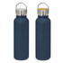 A drink bottle in navy blue with a stainless steel lid and a wooden accent, featuring a handle.