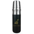 A drink bottle with a black body and stainless steel cap, featuring a logo on the front.