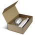 A silver drink bottle and a silver tumbler in a brown cardboard box, featuring an interior insert.