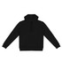 A black unisex hoodie featuring a front pocket and a drawstring hood. It has a logo on it.