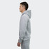 A grey unisex hoodie with a front pocket, featuring a hood, displayed from the side.
