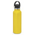 A drink bottle in bright yellow with a black carry lid and a stainless steel trim, featuring a logo.