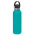 A drink bottle in teal with a black carry lid and a stainless steel band. It features a simple, modern design.
