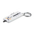 A white tyre tread key ring with a keychain, featuring a ruler and a branding logo.
