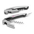 A drink bottle opener featuring a black handle with silver metal components, including a corkscrew and knife. It has branding on the handle.