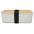 A lunch box featuring a natural bamboo lid and a textured white base, secured with a black elastic strap.