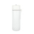 A drink bottle in white, featuring a sleek design and a carrying strap, with a logo on its surface.