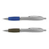 Two plastic pens, one with a blue grip and silver barrel, the other with a green grip and silver barrel, both featuring a logo.