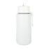 A drink bottle in white, featuring a lid and carry strap, with a logo on the body.