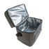 A grey cooler bag with an open lid, featuring a silver insulated interior and a side handle.