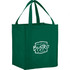 A green reusable grocery tote with sturdy handles and a logo on one side. Suitable for shopping purposes.