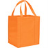 An orange non-woven grocery tote bag with sturdy handles and a square base, featuring a logo.