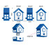 A blue and white house-shaped USB flash drive displaying different angles and dimensions, featuring a logo and imprint area.
