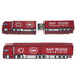 A red USB flash drive shaped like a truck, featuring a logo on the side and a detachable connector.