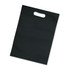 A black tote bag with a simple handle and a smooth surface, featuring a logo.