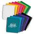 A selection of drawstring backpacks in various colours, featuring one with a logo on a teal background.